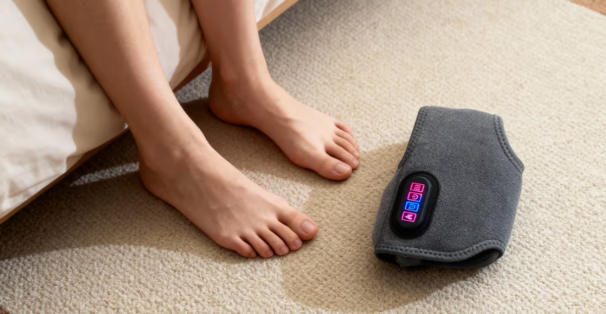 EMSense Massagegerät (Wickelgerät) neben den Füßen – Produktfoto laut Hersteller